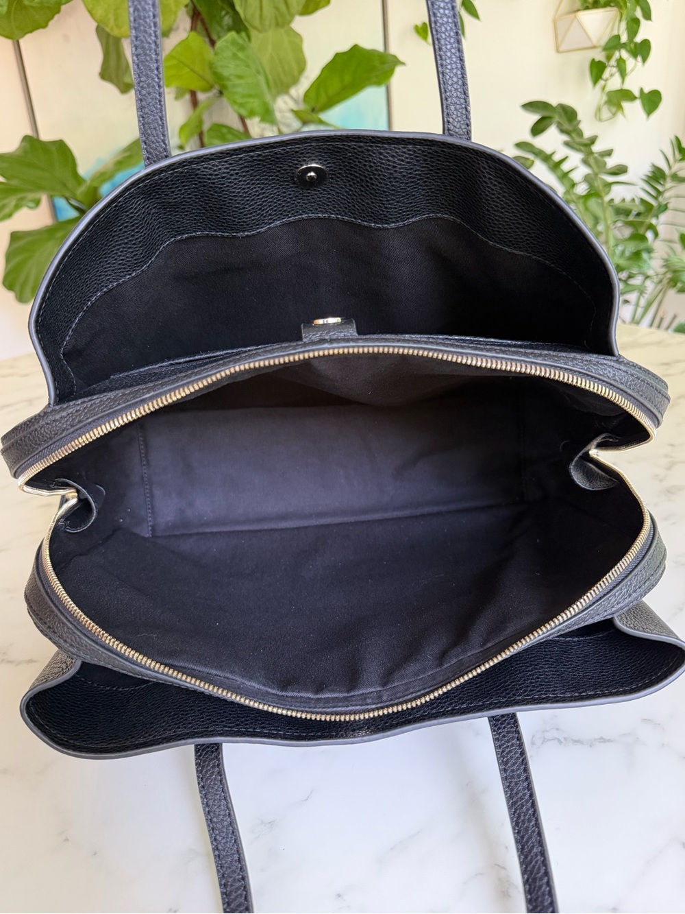 Quince Italian Leather Triple Compartment Work Tote Black Laptop Shoulder Bag - Picture 10 of 14